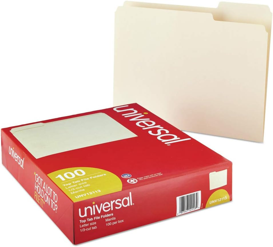 Universal 12113 File Folders, 1/3 Cut Assorted, One-Ply Top Tab, Letter, Manila (Box of 100)