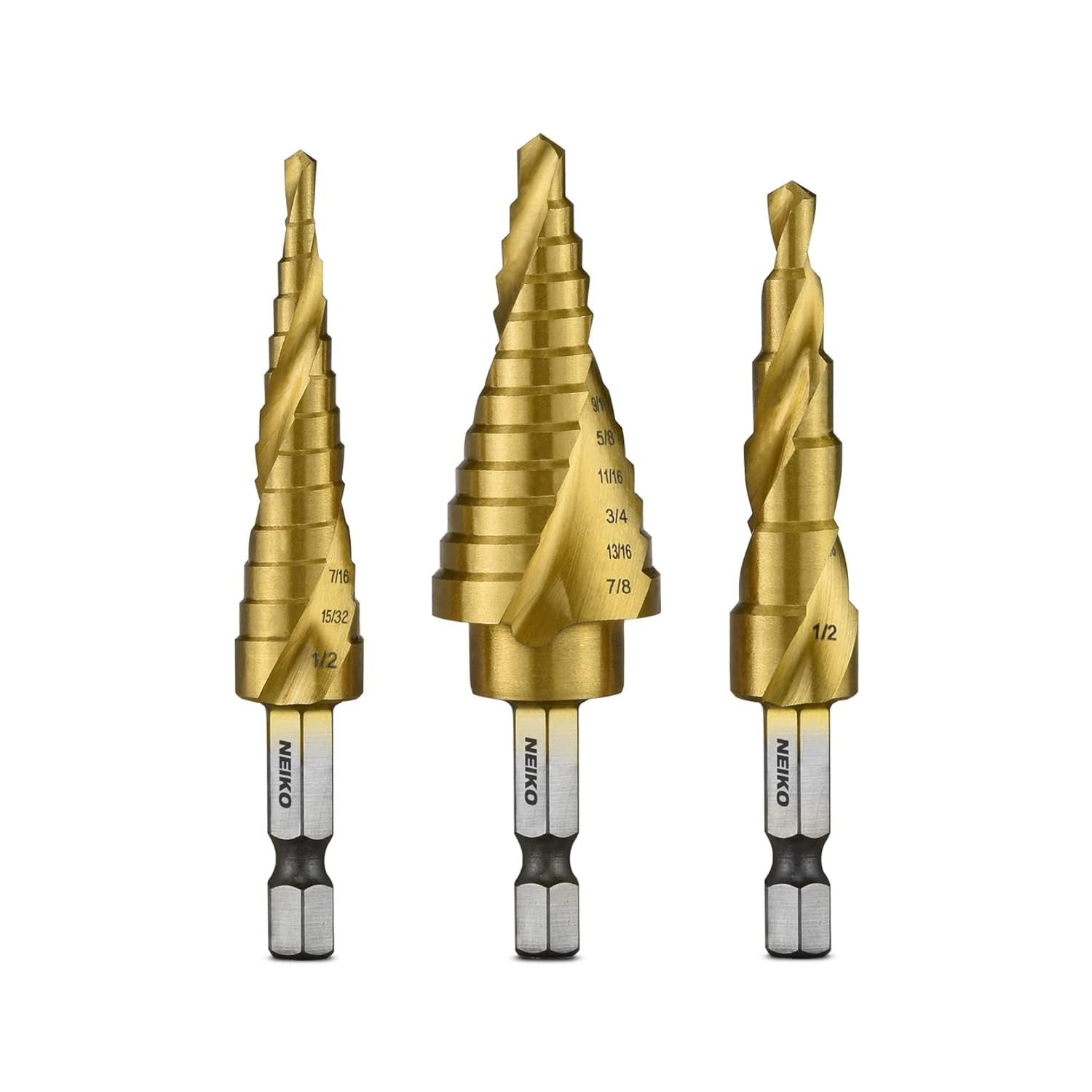 Neiko - 43219-22909 10181A Quick Change HSS Titanium Coated Spiral Grooved Step Drill Bit 3-Piece Set | 31 Step Sizes in One Kit