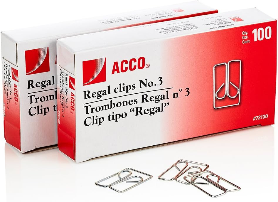 Acco Regal Paper Clips No 3, 100/Box, Silver, 2/Pack -  ACC72152