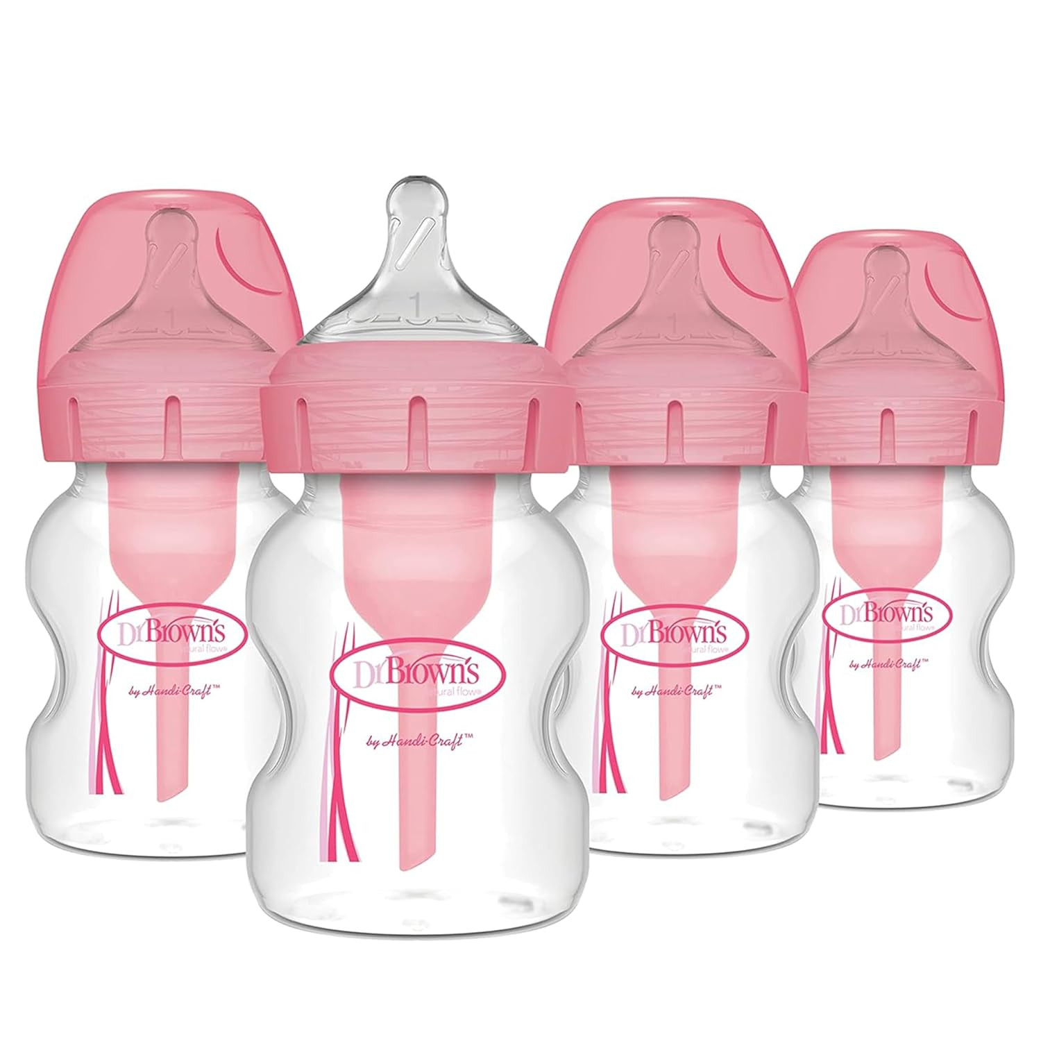 Dr. Brown's Natural Flow Options + Wide-Neck Bottle, Pink Print, 4 Pack, 5 Ounce