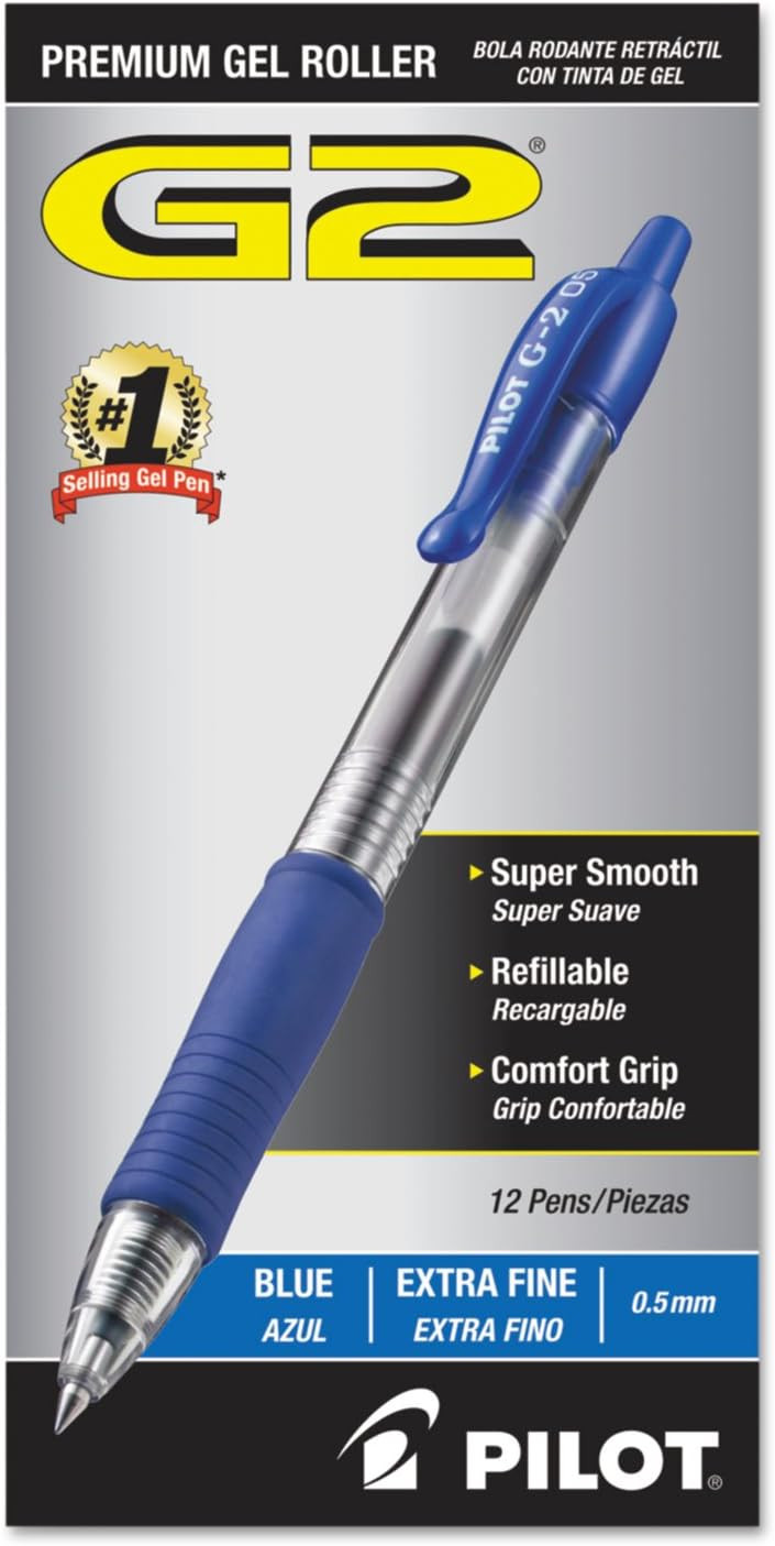 Pilot G2 Premium Gel Roller Pens, Extra Fine Point 0.5 mm, Blue Ink Pens Extra Fine Point, Pack of 12 - Ideal for School, Journaling, and Office Writing