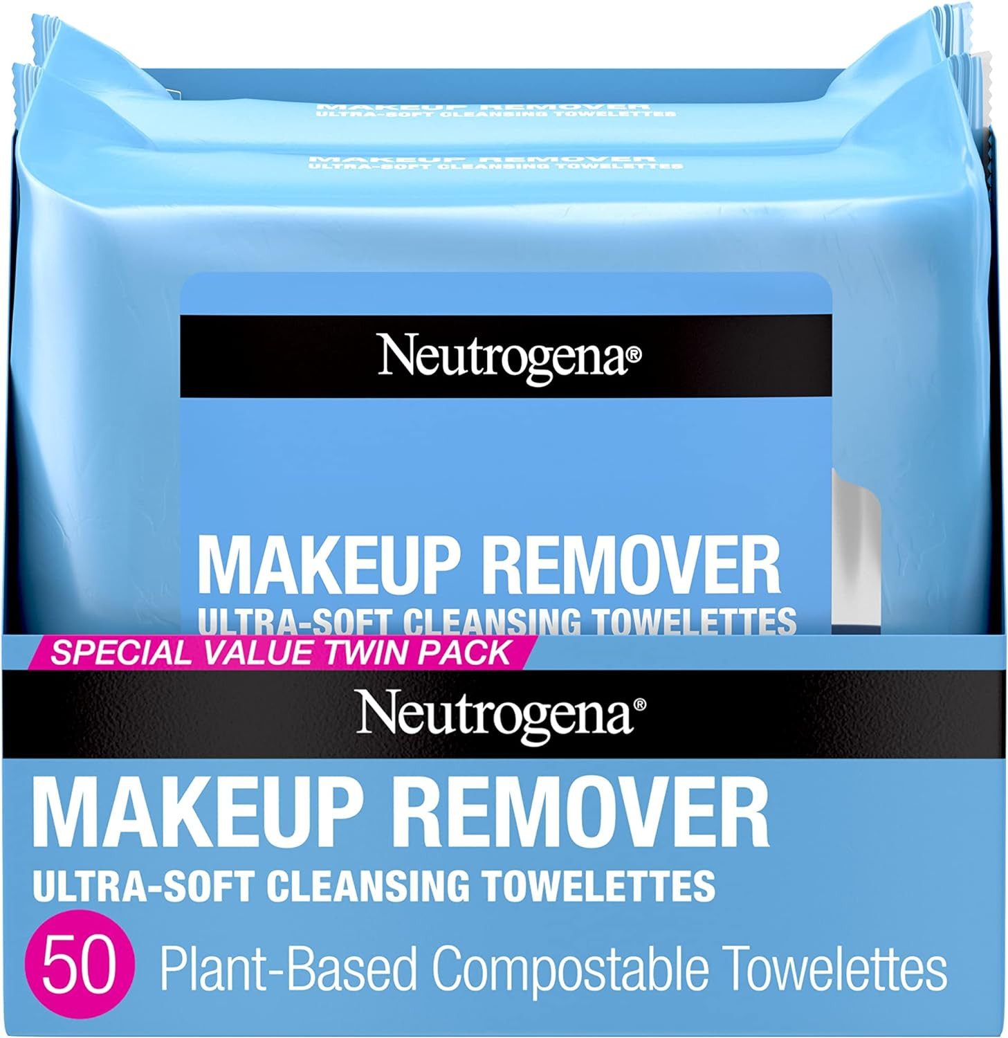Neutrogena Cleansing Fragrance Free Makeup Remover Face Wipes, Cleansing Facial Towelettes for Waterproof Makeup, Alcohol-Free, Unscented, 100% Plant-Based Fibers, Twin Pack, 2 x 25 ct