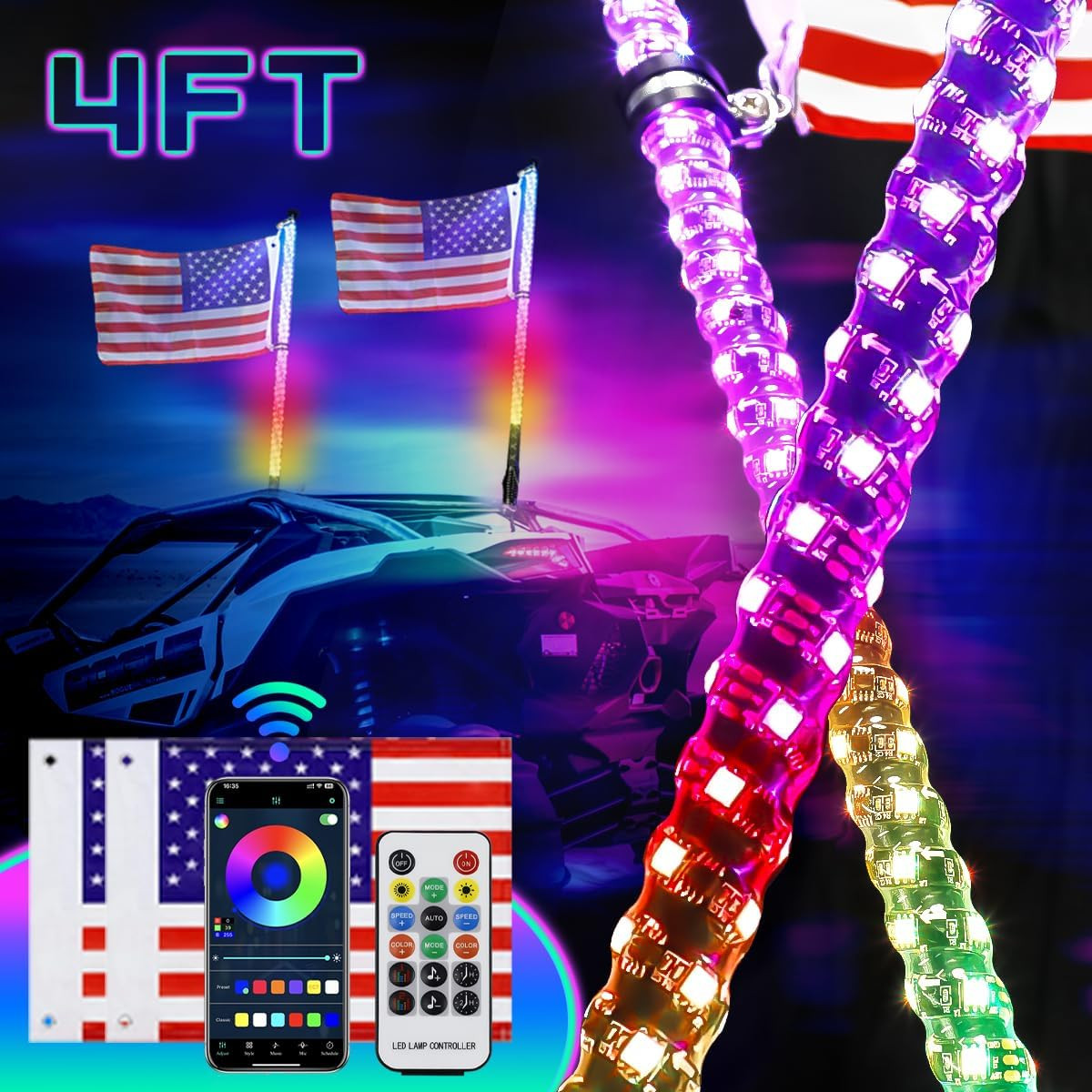 UNI-SHINE 2PCS 4FT LED Whip Lights with Spring Base Spiral RGB Chasing Lights with APP & Remote Control, Music Antenna Whip Light for Can-Am UTV ATV RZR Can-Am SXS Polaris Offroad