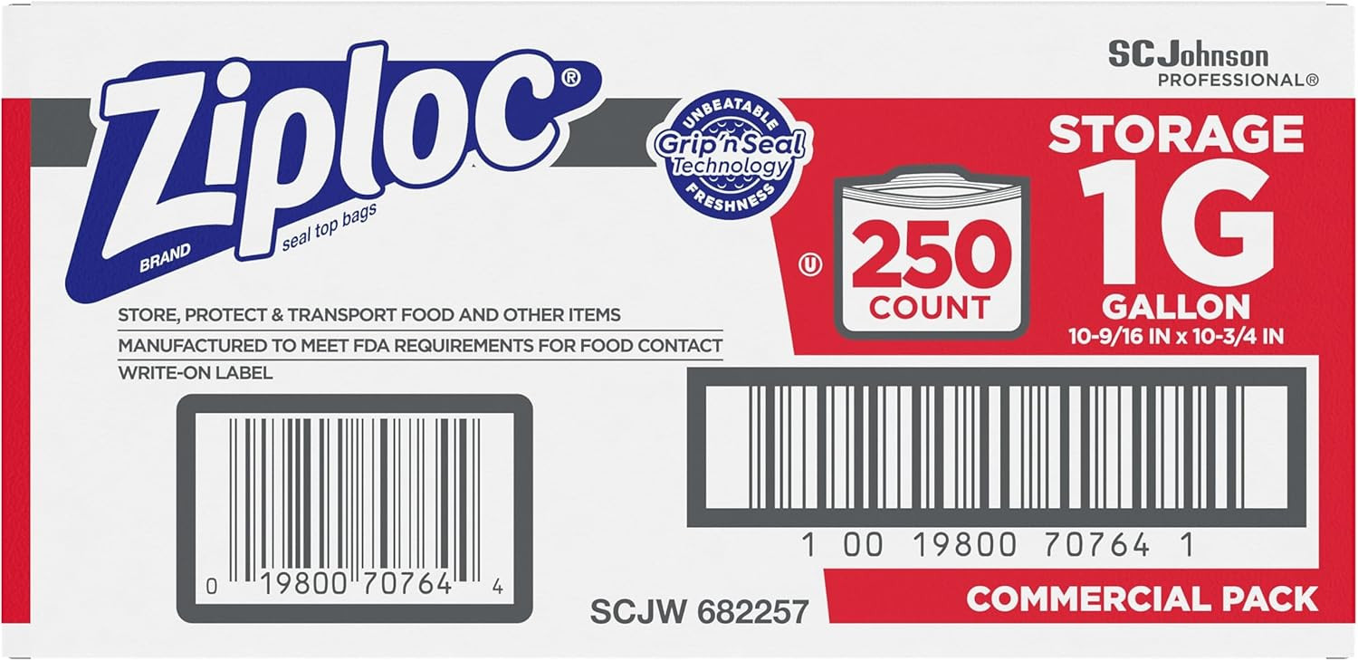 Ziploc 682257 Double Zipper Bags, Plastic, 1gal, 1.75mil, Clear w/Write-On Panel, 250/Box