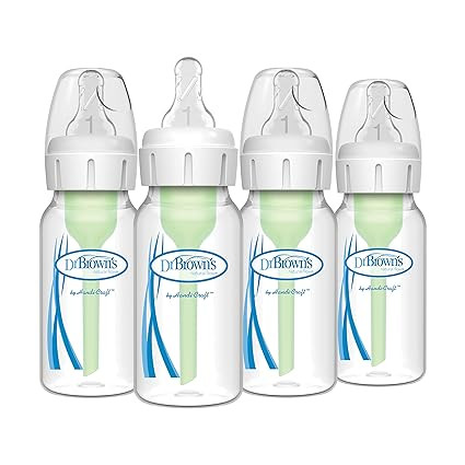 Dr. Brown's Natural Flow Anti-Colic Options+ Narrow Baby Bottles 4 oz/120 mL, with Level 1 Slow Flow Nipple, 4 Pack, 0m+