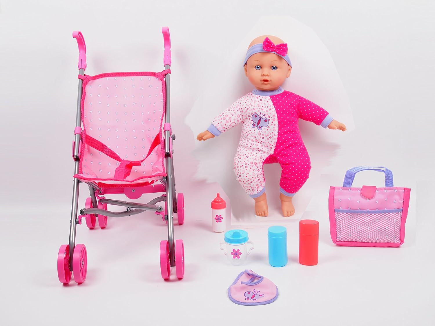 DREAM COLLECTION Gi-Go: 14' Baby Doll with Stroller Set, Accessories Include, Bib, Diaper, Sippy Cup, Bottle, Carry Case and More, Realistic Facial Features, For Ages 3 and up
