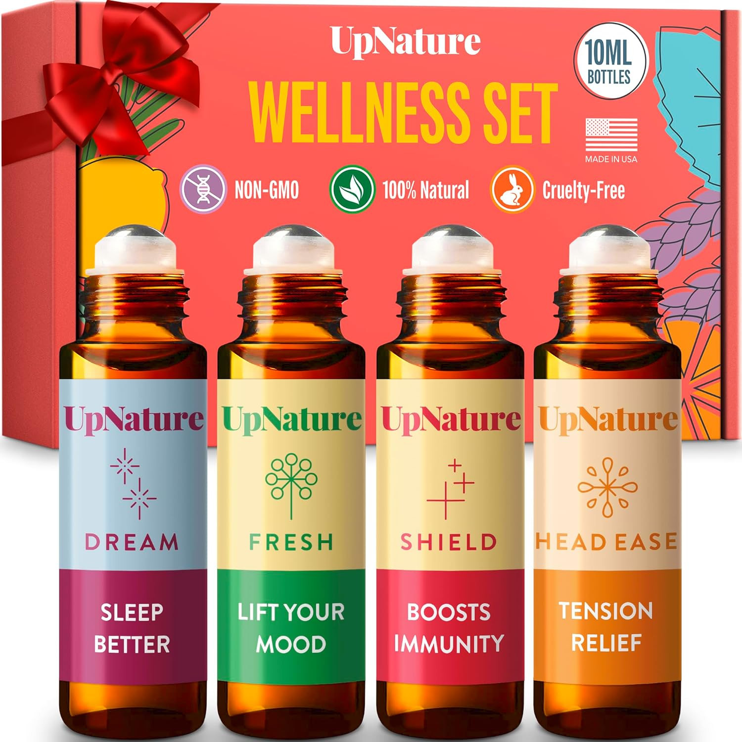 UpNature Wellness Essential Oil Roll On Gift Set - Relaxation Gifts for Women/Men - Headache Relief, Germ Fighter, Mood Booster & Better Sleep - Therapeutic Grade - Great Stocking Stuffer