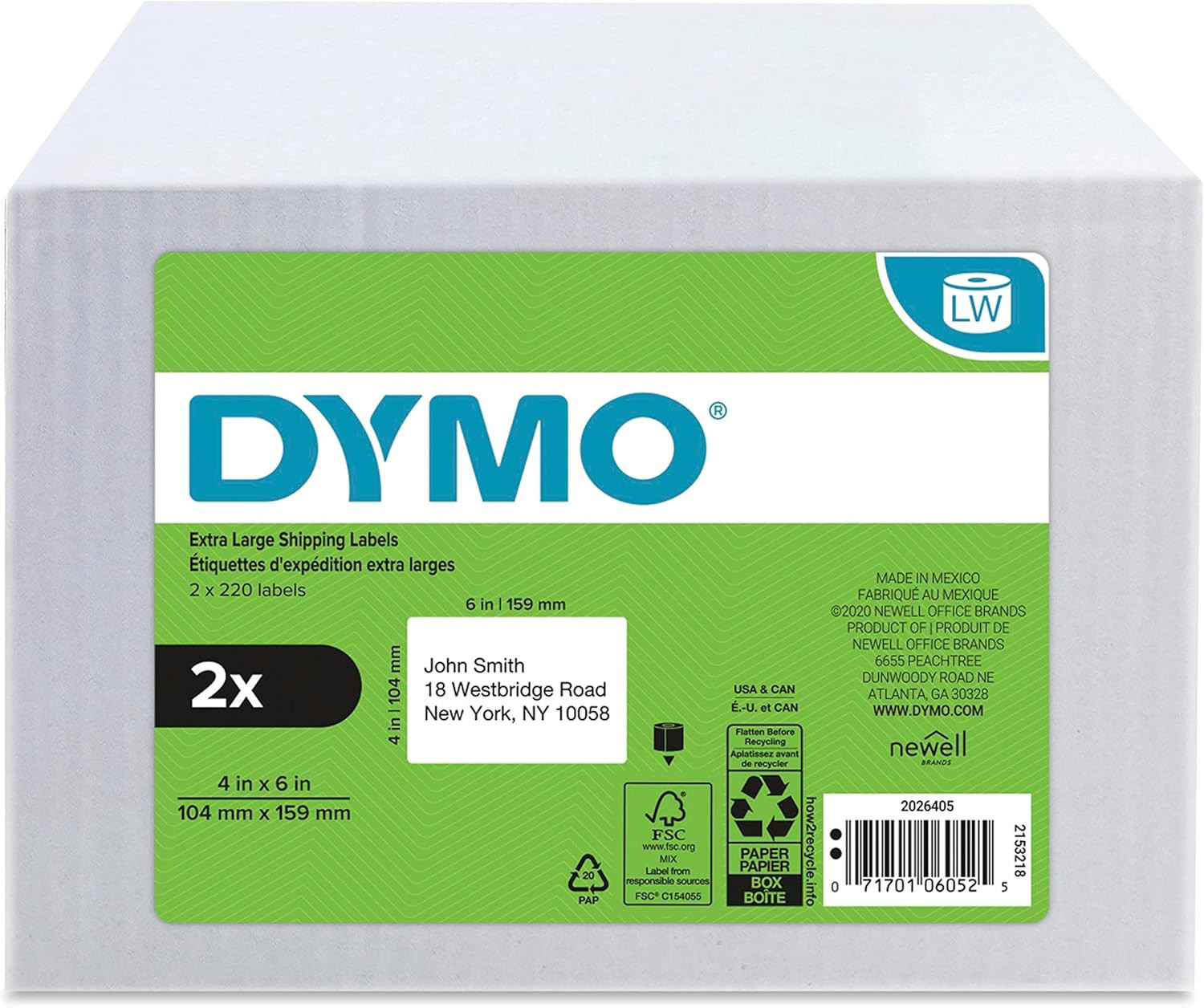 DYMO Authentic LW Extra-Large Shipping Labels for LabelWriter Label Printers White 4'' x 6'' 2 Rolls of 220 (440 Total)