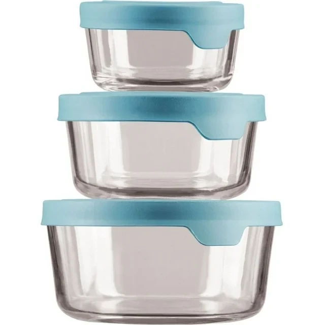Anchor Hocking TrueSeal 6 Piece Round Glass Food Storage Set with Mineral Blue Lids, Mineral Blue