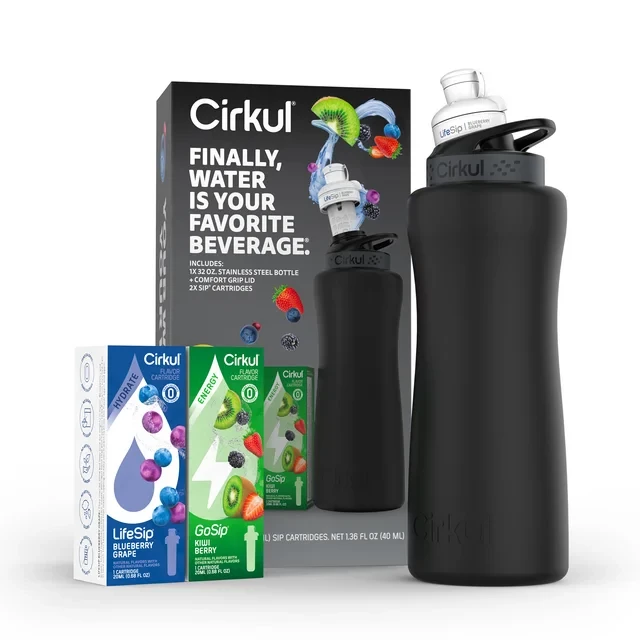 Cirkul 32oz Matte Black Stainless Steel Water Bottle Starter Kit with Black Lid and 2 Flavor Cartridges (Blueberry Grape & Kiwi Berry)